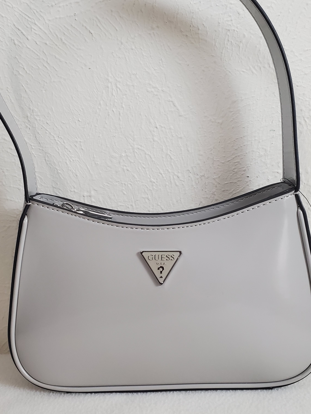 NWT Guess Light Gray Patent Shoulder Bag with Tri-Logo